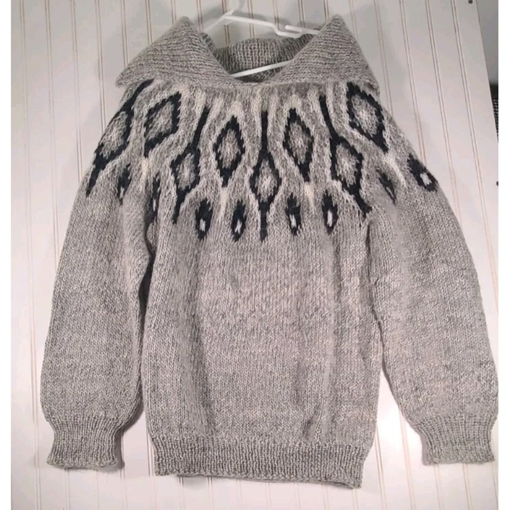 Handmade Icelandic Style Wool Blend Sweater Grey Fair Isle Nordic Pullover XL?